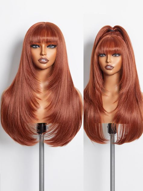 PRICES MAY VARY. 🔥EXPERIENCE STYLE-ARCHIVE: Ingeniously crafted with a blend of Premium Fiber and Remy Human Hair, our straight layered wigs boast a "human-hair-like" touch, paired with the exceptional lasting power of premium fibers. Say goodbye to messy tangles or losing your style throughout the day. Embrace the beauty that stays impeccable from morning to night. 🔥PUT ON & GO: Beginner-friendly. This 22 inch glueless orange ginger brown straight layered wig with bangs requires no expertise Ginger Human Hair Wig, Ginger Wigs For Black Women Style, Brown Wig With Bangs Black Women, Unique Wig Styles, Fall Wigs For Black Women, Dark Ginger Wig, Fall Wig Colors Black Women, Bang Wig Hairstyles, Ginger Wig With Bangs