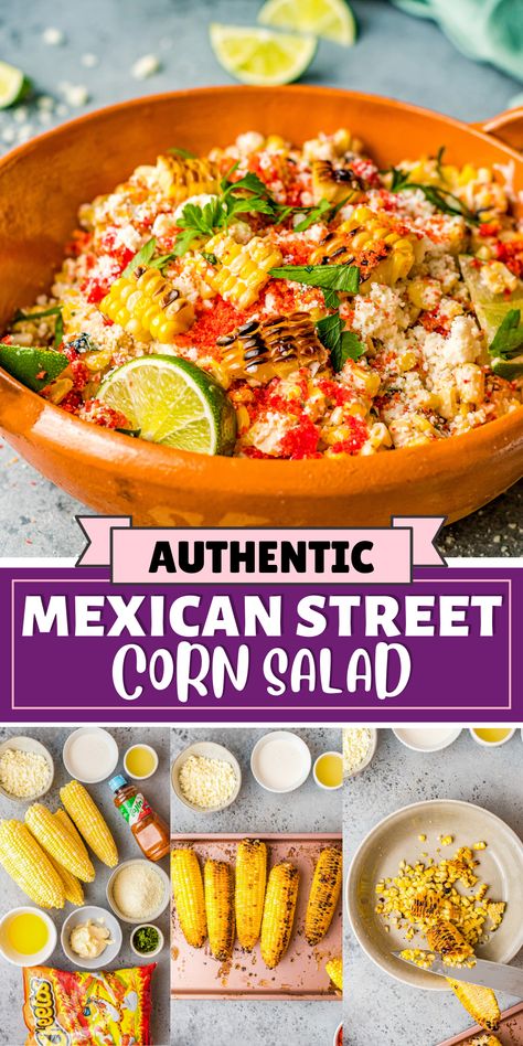 Mexican Corn Salad (Esquites) is made with crisp sweet corn in a creamy sauce. It’s topped with tangy queso fresco, fresh cilantro, and crushed hot Cheetos, for a fun and addictive side dish! Mexican Street Corn Hot Cheetos, August Meals, Corn Esquites, Chorizo Recipes Dinner, Sides With Tacos, Dinner Mexican, Street Corn Salad, Mexican Corn Salad, Chorizo And Eggs