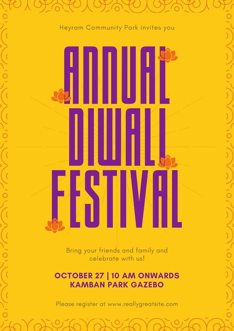 Purple and Yellow Patterned Diwali Poster - Templates by Canva Yellow Social Media Design, Diwali Poster Ideas, Diwali Graphics, Diwali Poster Design, Diwali Posters, Graphics Portfolio, Diwali Greeting, Diwali Poster, Yellow Palette