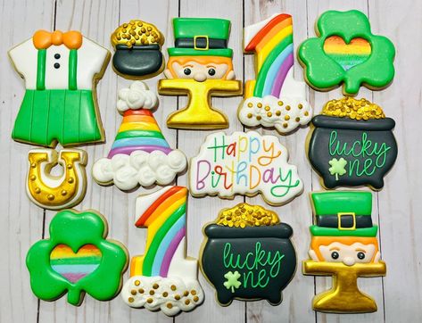 Leprechaun Birthday Party, Lucky One Birthday Cookies, Lucky One Cookies, St Patricks Day 1st Birthday, 1st Birthday Cupcakes, St Patrick's Day Cookies, First Birthday Cookies, Fancy Cookies, February 2023