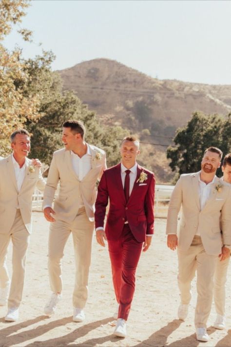 Burgundy Suit Wedding, Clean White Sneakers, Charro Wedding, Wedding Groomsmen Attire, Cream Palette, Suits And Sneakers, Groom And Groomsmen Suits, Cream Suit, The Grotto