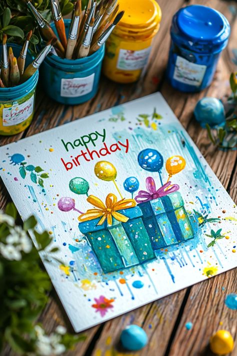 A whimsical birthday painting featuring colorful gift boxes and balloons with watercolor splashes, adding a festive and artistic touch. Drawing On Canvas Ideas, Aesthetic Happy Birthday, Happy Birthday Drawing, 24 Aesthetic, Drawing On Canvas, Happy Birthday Drawings, Birthday Drawing, Aesthetic Happy, Birthday Painting