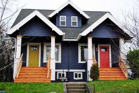 Young House Love | This Land Is Portland | https://www.younghouselove.com Navy Blue Houses, Navy Houses, Red Doors, Duplex Design, Young House, Suburban House, Young House Love, House Paint Exterior, Exterior Paint Colors