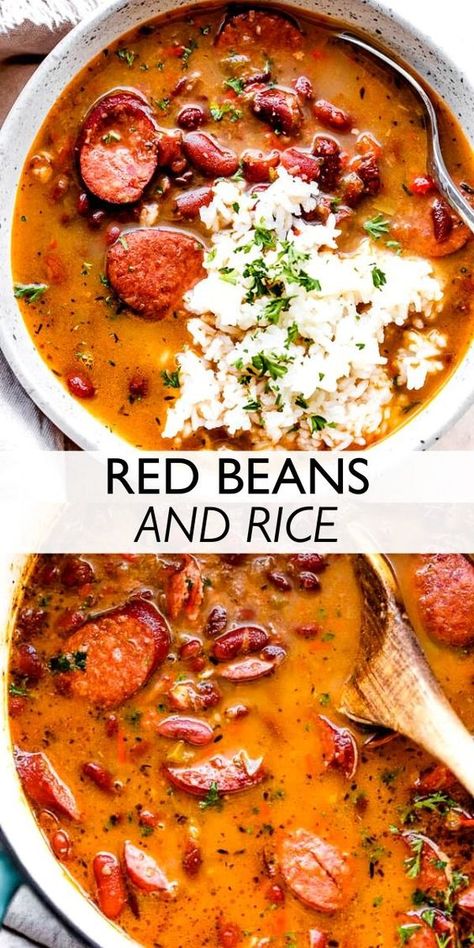 Louisiana Red Beans and Rice is a classic Southern comfort food dish prepared with tender red beans, spicy Andouille sausage, onions, celery, bell peppers, and served over hot rice Dinner Recipes For Sensitive Stomachs, Mississippi Recipes Southern Style, Spanish Food Recipes Mexico, Country Meals Southern Style, Country Dinner Recipes, Southern Red Beans And Rice Recipe, Southern Red Beans And Rice, Southern Red Beans, Louisiana Red Beans And Rice Recipe