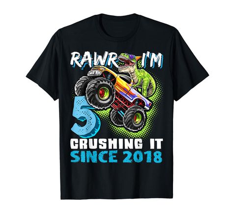 PRICES MAY VARY. Solid colors: 100% Cotton; Heather Grey: 90% Cotton, 10% Polyester; All Other Heathers: 50% Cotton, 50% Polyester Imported Pull On closure Machine Wash Rawr I'm 5 crushing it since 2018 is a monster truck dinosaur birthday shirt for boys, girls, kids turning 5 years old. Featuring a T Rex dinosaur riding a monster truck this awesome monster truck dinosaur birthday shirt makes a great birthday present. Share your love of dinosaurs and monster trucks with this cute 5th birthday di Birthday Party Boys, Dinosaur Monster, Dinosaur Birthday Party Decorations, Birthday Party Accessories, Monster Truck Party, Crushing It, Truck Gifts, Monster Truck Birthday, Truck Shirts