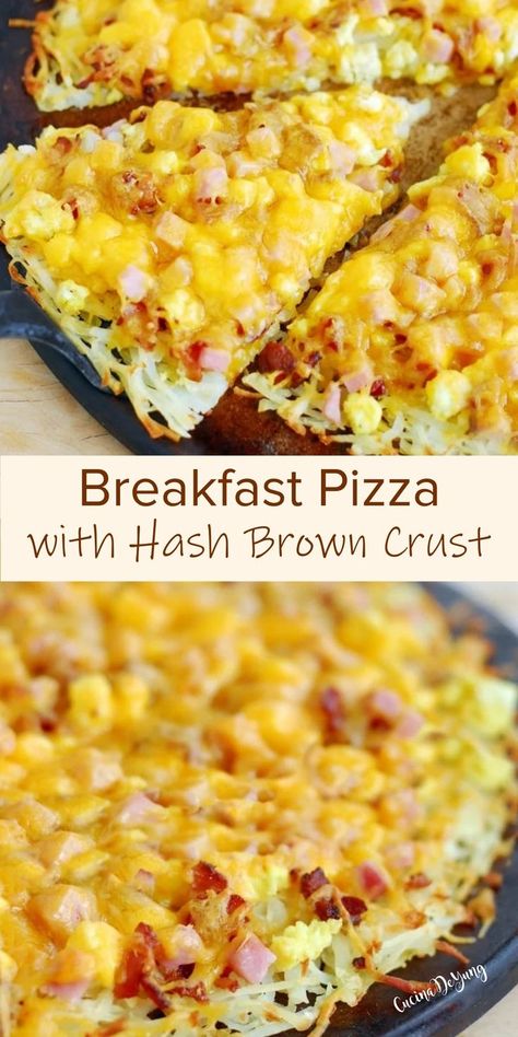 Easy Breakfast Pizza with Hash Brown Crust Cheesy Breakfast, Breakfast Skillet Recipes, Breakfast Pizza Recipe, Breakfast Hashbrowns, Hashbrown Recipes, Craving Pizza, Hash Brown, Hash Browns, Brunch Menu