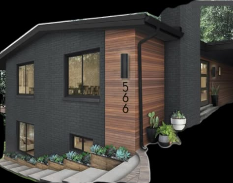 Front Of House Wood Accents, Small Black House Exterior, Black House With Wood Accents, Black House Exterior Wood Accents, Urbane Bronze Exterior House, Dark Exterior House Colors, Dark Exterior House, Xeriscape Ideas, Natural Wood Accents