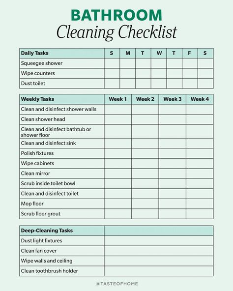 Bathroom Cleaning List, Bathroom Checklist, Bathroom Cleaning Checklist, Cleaning Shower Head, Cleaning Routines, Cleaning Checklist Template, How To Clean Mirrors, House Cleaning Checklist, Cleaning Guide