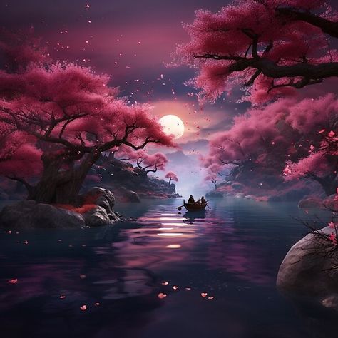 As the sun sets in ancient China's land, A scene unfolds, serene and grand. A lake glistens with a golden hue, A boat glides, guided by the chosen few. Peach blossom trees line the shores, Their petals dance, as the wind soars. Cherry Blossom Forest, Peach Blossom Tree, Cherry Blossom Art, Beautiful Art Pictures, Blossoms Art, Cool Wallpapers Art, Dessin Adorable, Art Download, Peach Blossoms