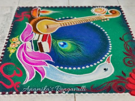 #Saraswatipooja #vasantpanchamiramgoli #peacockrangoli Dhanvantari Rangoli, Gauri Poojan Rangoli, New Year Rangoli Design 2024 Unique, Kartik Purnima Rangoli, Vasu Baras Rangoli, 2024 Rangoli, God Rangoli, Ready Rangoli, Navratri Rangoli