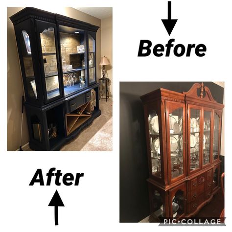 Traditional China Cabinet Makeover, China Cabinet Bar Ideas, China Cabinet To Bar Makeover, Before And After China Cabinet, China Cabinet Into Bar, Bar China Cabinets, China Cabinet To Bar, Refurbished China Cabinet Coffee Bar, China Cabinet Liquor Cabinet