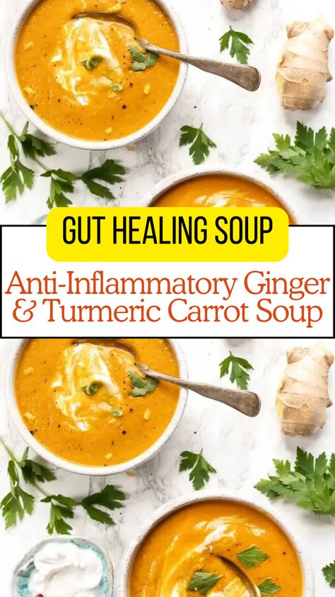 "Soothe your gut and boost your health with this Anti-Inflammatory Ginger & Turmeric Carrot Soup! 🌟 Packed with nutrient-rich carrots, zesty ginger, and healing turmeric, this creamy gut-healing soup is perfect for reducing inflammation and promoting digestion. A comforting and healthy recipe for meal prep or cozy dinners. 🥕🍵 #GutHealingRecipes #AntiInflammatorySoup #gutfriendlyrecipes#guthealthymeals Ways To Use Turmeric, Recipe With Turmeric, Chicken Soup With Ginger And Turmeric, Gut Soothing Soup, Dinner Recipes For Gut Health, Soups For Sinus Infection, Cauliflower Ginger Soup, Recipes With Turmeric And Ginger, Healing Recipes Immune System