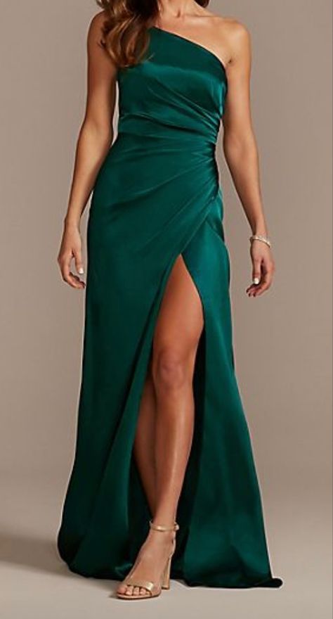 Galina Signature Bridesmaid, Bridesmaid Dress Color Schemes, Emerald Green Satin Dress, Jade Bridesmaid Dresses, Envelope Skirt, Emerald Green Prom Dress, Green Satin Dress, Davids Bridal Bridesmaid Dresses, Emerald Bridesmaid Dresses