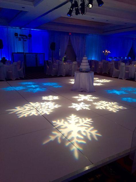 White dance floor with snow flake design.  We can have snowflakes swirling around the walls and ceilings using smaller snowflakes Winter Wonderland Wedding Theme, Frozen Wedding, Wonderland Wedding Theme, Winter Wedding Venues, Snowflake Wedding, Winter Dance, Winter Wedding Favors, Winter Wonderland Theme, Winter Wedding Colors