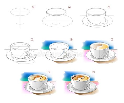 Food Watercolor Step By Step, Cup Sketch Drawings, Easy Watercolor Coffee Cup, Watercolour Coffee Cup, Coffee Watercolor Painting Easy, Cup Of Coffee Watercolor, How To Draw A Cup Of Coffee, Tea Cup Watercolor Painting, Coffee Cup Art Draw