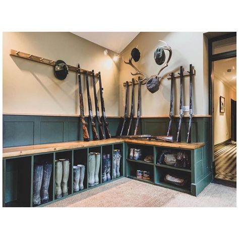 Modern Hunting Cabin, Hunting Lodge Mudroom, Hunting Mud Room, Compound Bow Storage, Hunting Lockers Mud Rooms, Riding Boot Storage Tack Rooms, Log Home Mud Room, Barndominium Mudroom Laundry Room, Working Farm Mudroom