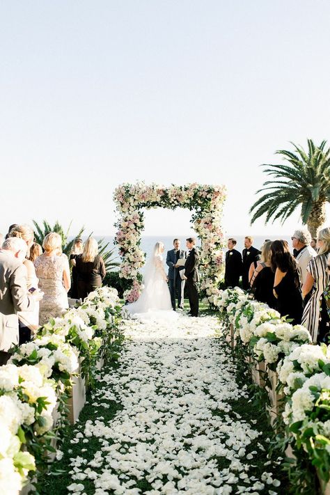 Wedding Full Of Flowers, Unique Wedding Aisle, Wedding Chuppah Flowers, Bel Air Bay Club Wedding, Wedding Aisle Runners, Luxury Wedding Ceremony, Mandap Ideas, Chuppah Ideas, Floral Chuppah