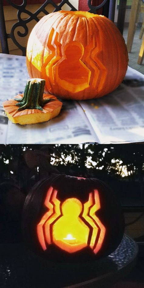 Spider Man Carved Pumpkin, Easy Spiderman Pumpkin Carving, Spiderman Carved Pumpkin, Spider Man Jack O Lantern, Pumpkin Carving Ideas Spiderman, Pumpkin Carving Spiderman, Spider Man Pumpkin Carving, Pumpkin Carving Marvel, Pumpkin Carving Ideas Marvel