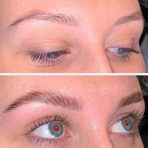 Brow lamination is basically a perm for your eyebrows! It takes your unruly or thinning brow hair and smoothes it out while also lifting the hair in a more vertical sweeping direction. The end result is super smooth brows that look like you have brow gel on them.  This is a noninvasive, temporary, but impactful way to improve your brows in an affordable way. It's also a great addition to microblading or even an alternative if you are hesitant to go under the blade. Light Brown Eyebrows, Maquillage Halloween Simple, Eyebrow Before And After, Eyebrows Goals, Eyelash Lift And Tint, Eyebrow Lamination, Marketing Definition, Eyebrow Lift, Light Brow