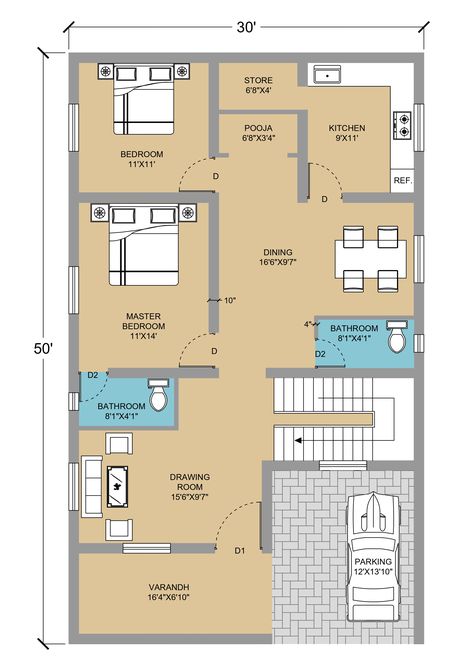 3 BHK PLAN size 30'X50' well furnished and dimensioned. 1 bedroom , living hall , dining area , kitchen , parking , toilet Contact for want such type of plans 9887086162 1200 Sq Ft House Plans 2 Bed 2 Bath Indian, 2bhk Plan, Civil Drawing, Dining Area Kitchen, Housing Plan, 30x50 House Plans, Square House Plans, West Facing House, Square House