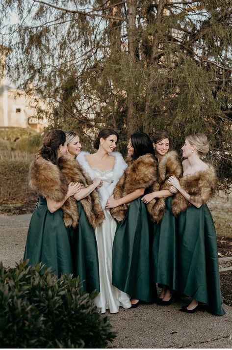 fur shawls <3     Cozy Winter Wedding with Emerald Greens & Pinecones || Eastern Shore, Maryland || Victoria Selman Photographer Winter Wedding Fur, Winter Wedding Bridesmaids, Winter Bridesmaids, Winter Bridesmaid Dresses, Wedding Fur, Viking Wedding, Emerald Green Weddings, Winter Wedding Colors, Spring Wedding Colors