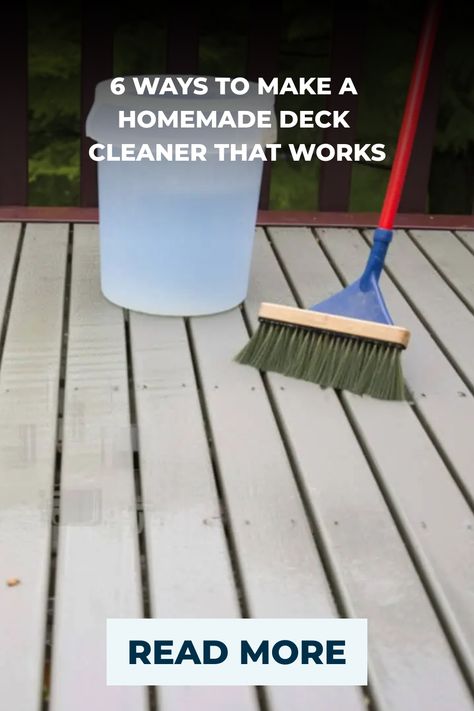 These homemade deck cleaner recipes let you clean your deck with household ingredients like oxygen bleach and dish liquid. For wood and composite decks. Deck Washing Solution, Diy Deck Cleaner Wood, Deck Wash Recipe, Deck Cleaner Homemade, Clean Deck Without Power Washer, Deck Cleaning Solution Diy, How To Clean Composite Decking, Diy Deck Cleaner, Cleaning Trex Decking