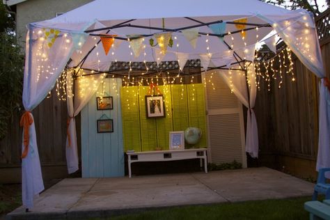 Orange Blossom Anniversary Party:  Dance Floor!  Perfect!!  --She made that Easy Up cover!  Very Nice! Easy Up Tent Decorations, Decorate Pop Up Tent For Party, Blossom Birthday Party, Party Dance Floor, Easy Up Tent, Party Gazebo, Festival Themed Party, Gazebo Decorations, Magical Room