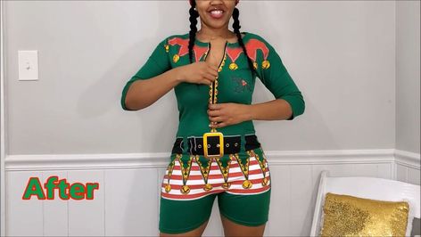 This is a guide to making a DIY elf costume. Learn how to make an elf costume out of a novelty Christmas t-shirt with this festive step-by-step tutorial. Elf Costume Diy, Elf Costume Ideas, Diy Elf Costume, Diy Romper, Diy Elf, Holiday Romper, Elf T Shirt, Sew Zipper, Costume Tutorial