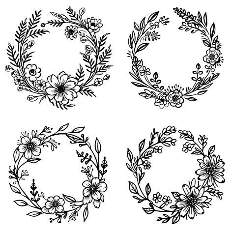 Round Floral Design, Floral Wreath Drawing, Wreath Illustration, Floral Wreath Design, Wreath Drawing, Printable Collage Sheet, Free Hand Drawing, Clip Art Vintage, Templates Printable Free