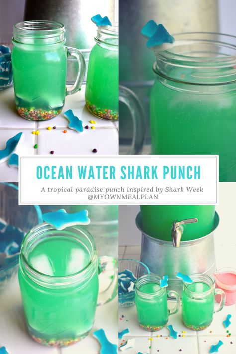 This recipe was of course, inspired by Shark Week! We love Shark Week around here! This Ocean Water Shark Punch is delicious and tropical! This Shark Punch is sweet, delicious, and it brings the ocean vibes to your home! Make your shark week viewing parties extra fun with this easy shark party punch. Guests of all ages will love sipping on this easy party punch recipe perfect for shark week or a hot summer day! Ocean Themed Recipes, Shark Punch For Kids, Ocean Theme Drinks, Shark Inspired Food, Shark Themed Bachelorette Party, Shark Bachelorette Party, Ocean Water Punch, Mermaid Ocean Water, Shark Punch