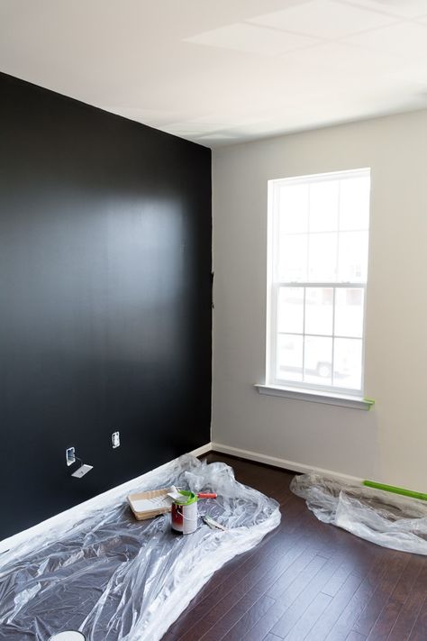 Grey Bedroom With Black Accent Wall, Black Wall Room Decor, Gray Wall With Black Accent Wall, Black And White Wall Living Room, Gray Walls Black Ceiling, Plain Accent Wall, Grey Black Room Bedroom, Black Wall In Master Room, Black Accent Wall Grey Walls