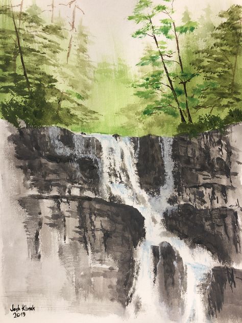 Waterfall Reference, Watercolour Waterfall, Cliff Watercolor, Waterfall Sketch, Waterfall Watercolor, Watercolor Waterfall, Waterfall Drawing, Bob Ross Art, Mountain Sketch