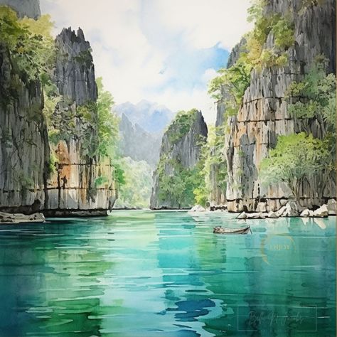 Clear Water Painting, Watercolor Presents, Earthy Wall Art, Mountain Rocks, Tropical Sun, Palawan Philippines, Wall Art Design, Lake Landscape, Shades Of Turquoise