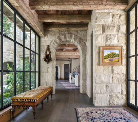 Horseshoe Bay All Stone House Exterior, Mediterranean Inspired Home, Stone Entryway, Tuscan Interior, Mediterranean Living Room, Stone Archway, Mediterranean Style Home, Mediterranean Living, Horseshoe Bay