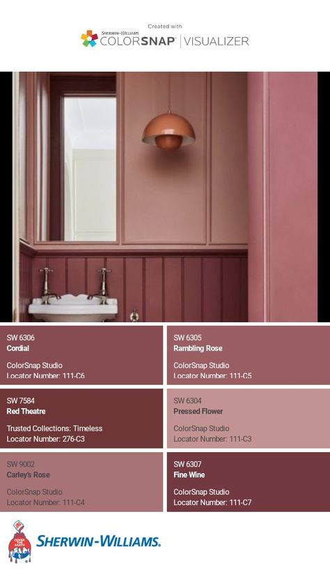 I just created this color palette with the Sherwin-Williams ColorSnap® Visualizer app on my Android phone. What do you think? You can learn more about ColorSnap Visualizer and get it on your phone free by visiting https://www.sherwin-williams.com/content/colorsnap.html. Sherwin Williams Rose Brocade, Sherwin Williams Orchid, Sherwin Williams Rachel Pink, Fading Rose Sherwin Williams, Sommelier Sherwin Williams, Pressed Flower Sherwin Williams, Sherwin Williams Cabbage Rose, Sherwin Williams Mauve, Dark Pink Office