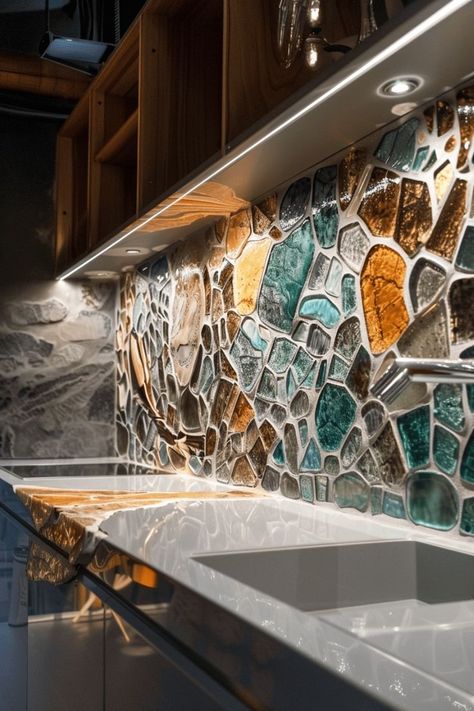 Natural Rock Backsplash, Backsplash With Multicolored Countertops, Small Rock Backsplash Kitchen, River Rock Backsplash, Glass And Stone Mosaic Tile Backsplash, Fun Backsplash Kitchen Glass, Unique Kitchen Backsplash Ideas, Rock Backsplash, Ceramic Backsplash