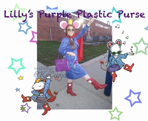 Lilly's Purple Plastic Purse costume. Teacher costume. Kevin Henkes Kevin Henkes Costumes, Lily's Purple Plastic Purse Costume, Lily's Purple Plastic Purse, Kevin Henkes Books, Literary Costumes, Storybook Character Costumes, Teacher Costume, Diy Group Halloween Costumes, Plastic Purse