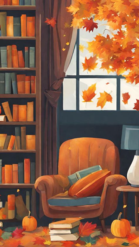 Cozy Autumn Art, Book Fall Wallpaper, Autumn Library, Fall Book Wallpaper, Cozy Fall Illustration, Cozy Autumn Illustration, Cozy Fall Illustration Art, Cozy Autumn Illustration Art, September Wallpaper