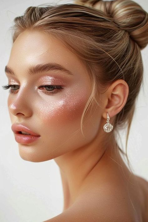 #glam makeup Sparkly Face Makeup, Bright Natural Makeup, Shine Makeup Look, Natural Sparkle Makeup, Subtle Glitter Makeup, Sparkly Bridal Makeup, Subtle Glitter Eye Makeup, Pink Glitter Makeup Looks, Pink Shimmer Eye Makeup