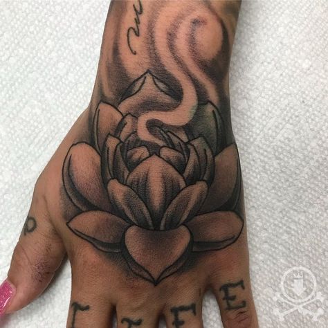 Lotus Flower Hand Tattoo, Lotus Hand Tattoo, Flower Hand Tattoo, Hand Tattoo Cover Up, Palm Size Tattoos, Flower Neck Tattoo, Lotusblume Tattoo, Red Tattoo Ideas, Butterfly Tattoos On Arm