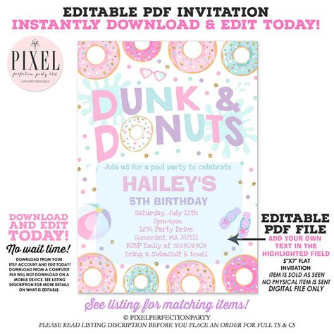 Dunk And Donuts Pool Party Invitation Donut Pool Party Donut Pool Party, Pool Party Cake, Unicorn Pool Party, Donut Pool, Donut Birthday Party, Pool Party Birthday Invitations, Swimming Party, Donut Birthday Parties, Donut Birthday