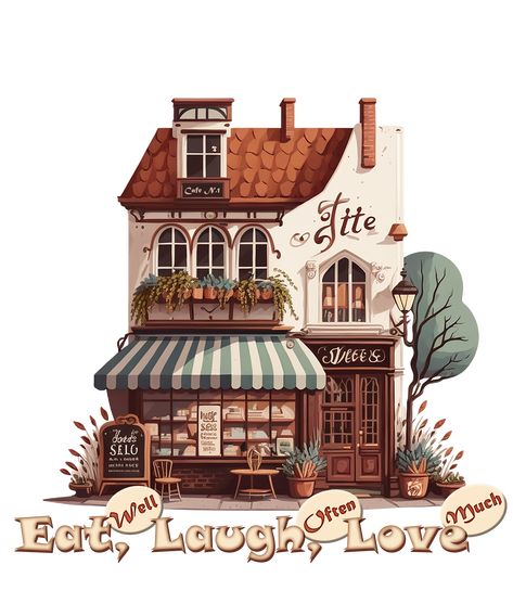 Experience the cozy charm of your favorite cafes and restaurants with our unique illustration. Featuring a playful and iconic illustration of various food and dessert establishments, this design is sure to make you feel warm and fuzzy inside. Perfect for foodies, travelers, or anyone who appreciates the little moments that make life special. So why not treat yourself or someone special to this wearable work of art and take a little piece of cafe culture with you wherever you go? Cute Cafe Drawing Inside, Cafe Aesthetic Digital Art, Cafe Exterior Design Drawing, Cafe And Apartment Exterior, Fantasy Shop Exterior, Cafe With Apartment Above, Cafe Shop Illustration, Cafe Shop Drawing, Cozy Cafe Exterior