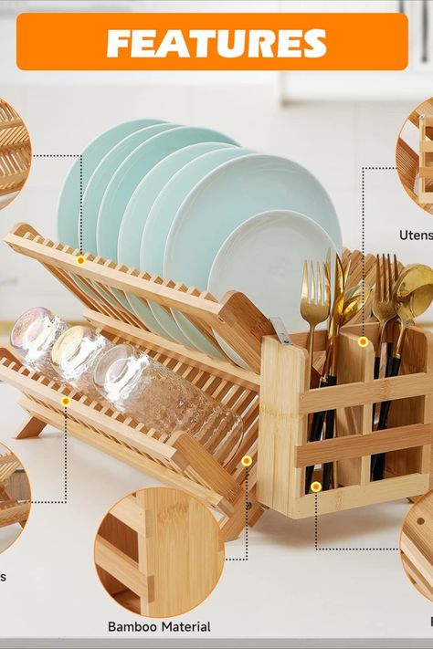 Natural Bamboo Material--Our dish drying rack uses natural high-quality material, which has solid materials, a smooth finish, and a compact design. This dish rack utensil holder is no chemicals found in plastic dish racks, so no more safety risks. Kitchen Plate Rack, Wooden Dish Rack, Wooden Utensil Holder, Bamboo Diy, Bamboo Dishes, Utensil Rack, Bamboo Utensils, Wooden Dishes, Dish Drying Rack