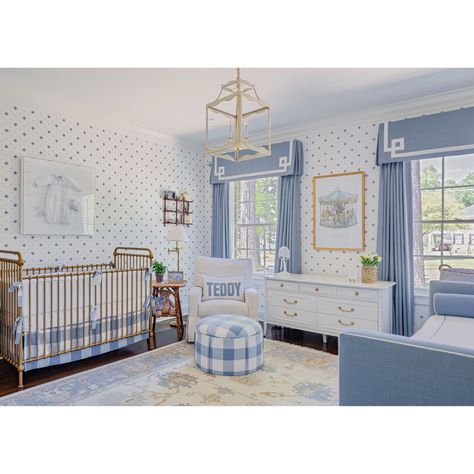 Baby Blue Check Nursery by Gautreau Interiors Preppy Nursery Boy, Grandmillenial Boys Nursery, Wainscoting Nursery Boy, Preppy Boy Room, Light Blue Boy Nursery, Preppy Boy Nursery, Southern Boy Nursery, White And Blue Nursery, Ralph Lauren Nursery