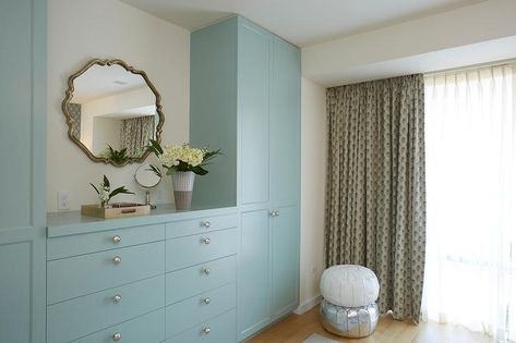 Blue Built in Dresser and Blue Wardrobe Cabinets - Transitional - Bedroom Bedroom Wall Cabinets, Bedroom Wardrobe Ideas, Bedroom Built Ins, Bedroom Built In Wardrobe, Built In Dresser, Dresser Design, Built In Cabinet, Built In Cupboards, Furniture Movers