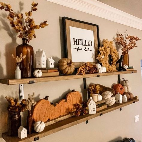 Autumnal Shelf Decor, Autumn Display Home Decor, Farmhouse Fall Shelf Decor, Fall Decor For Shelf, Fall Decor Ideas For The Home Shelves, Shelf Fall Decor Ideas, Fall Kitchen Decor Open Shelves, Small Shelf Fall Decor, Short Shelf Styling