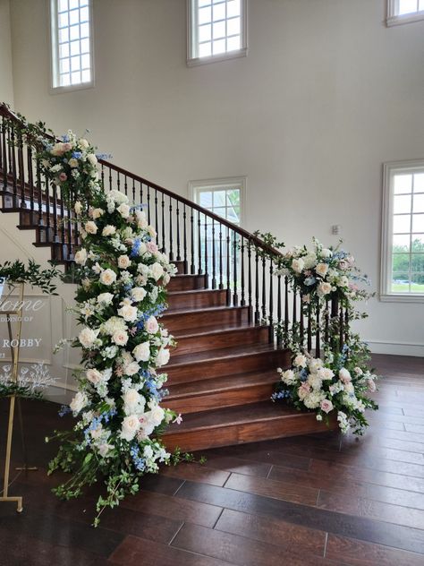 White, blue and blush floral staircase at the Milestone Mansion. Stairway Florals Wedding, Floral Staircase Wedding, Flowers On Staircase Wedding, Flowers Staircase, Decorated Staircase, Floral Staircase, Staircase Flowers Wedding, Wedding Staircase Decoration, Wedding Stairs