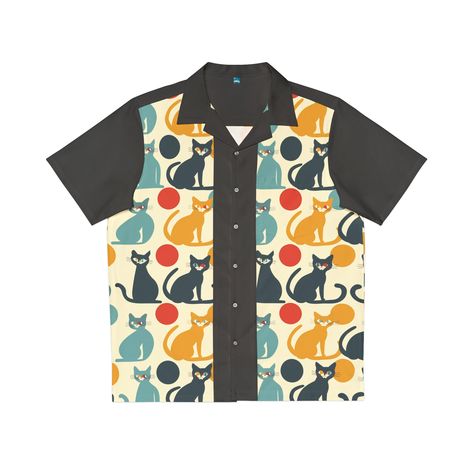 Cats! Retro Vintage-inspired Men's Bowling Shirt, 1950s/60s style, Hawaiian Shirt, mod, Button-up, cat lover  #HawaiianShirtRetro #DadJokeShirt #CatManLover #RetroBowlerShirt #GiftForHim Retro Multicolor Button-up Shirt, Retro Button-up Shirt In Multicolor Print, Retro Button-up Hawaiian Shirt With Graphic Print, Retro Multicolor Print Button-up Shirt, Mens Bowling Shirts, Retro Bowling Shirts, Bowling Shirt, 60s Style, Metal Wall Sign