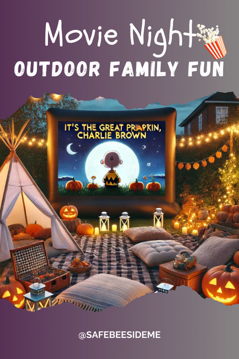 Outdoor family movie night setup with an inflatable screen showing 'It's the Great Pumpkin, Charlie Brown', surrounded by tents, pillows, pumpkins, and fairy lights, creating a cozy, enchanting autumn atmosphere. *We may earn a small commission from your purchase. Fall Family Movies, Movie Night Outdoor, Thanksgiving Night, Movie Night Theme, Night Theme, It's The Great Pumpkin, Backyard Movie Nights, Outdoor Cinema, Outdoor Screens