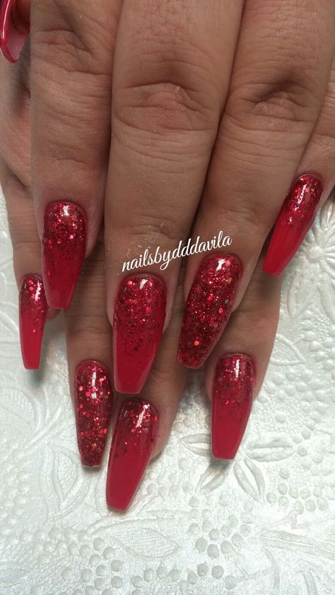 Long Red Sparkly Nails, Red Glittery Acrylic Nails, Red With Glitter Acrylic Nails, Red Nails With Red Glitter Tips, Red Sparkly Ombre Nails, Red Nails With Silver Glitter Ombre, Red Fake Nails Acrylics, Ombre Nails Glitter Red, Red Glitter Nails Coffin